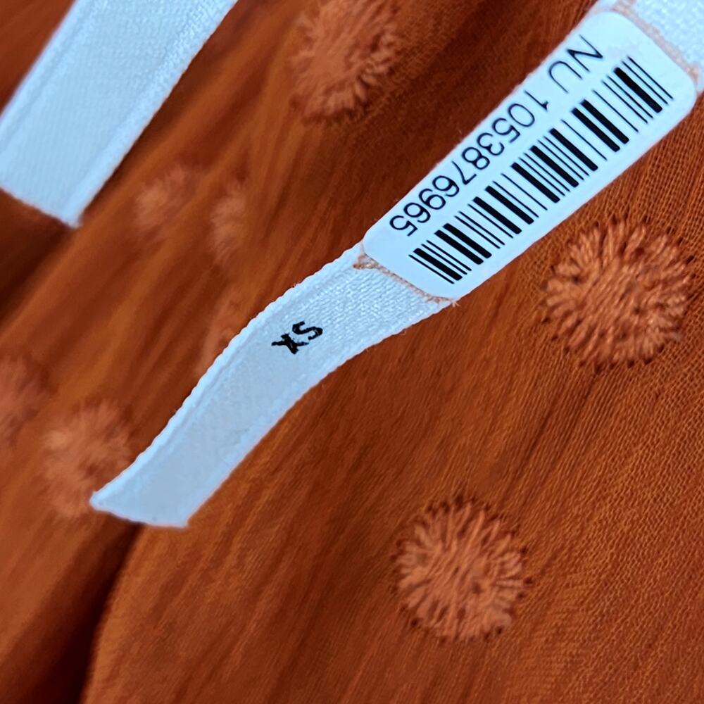 Anthropologie Ruched Ruffle Orange Swiss Dot Cutout Button Maxi Dress Size XS - Picture 7 of 8